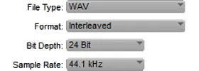 Fenêtre d'export d'un logiciel audio réglée sur WAV, entrelacé, 24 bits, 44,1 kHz